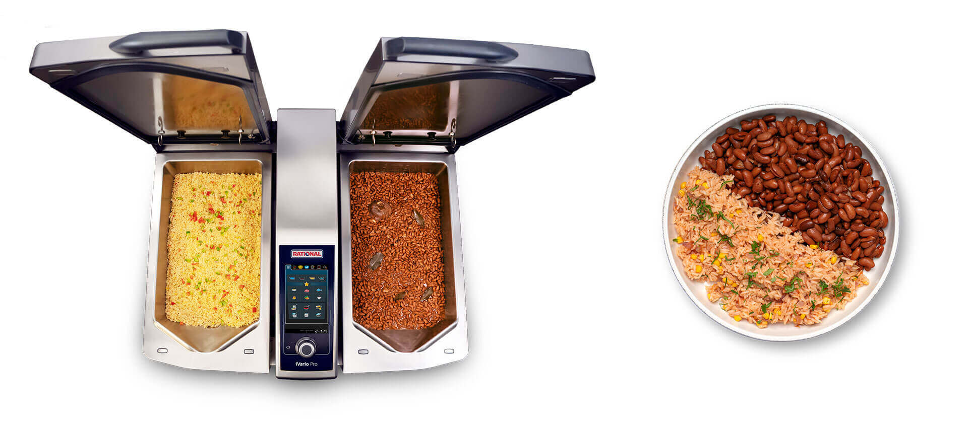 A view of the iVario Pro 2-S with one compartment containing yellow rice and the other with cooked beans. A plate of rice and beans is displayed alongside.