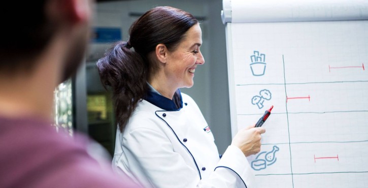 Köchin erklärt am Flipchart ein Kochdiagramm.