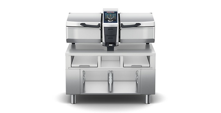 A front view of the iVario Pro 2-S cooking device with an adjustable height, placed on a stainless steel base with drawers.